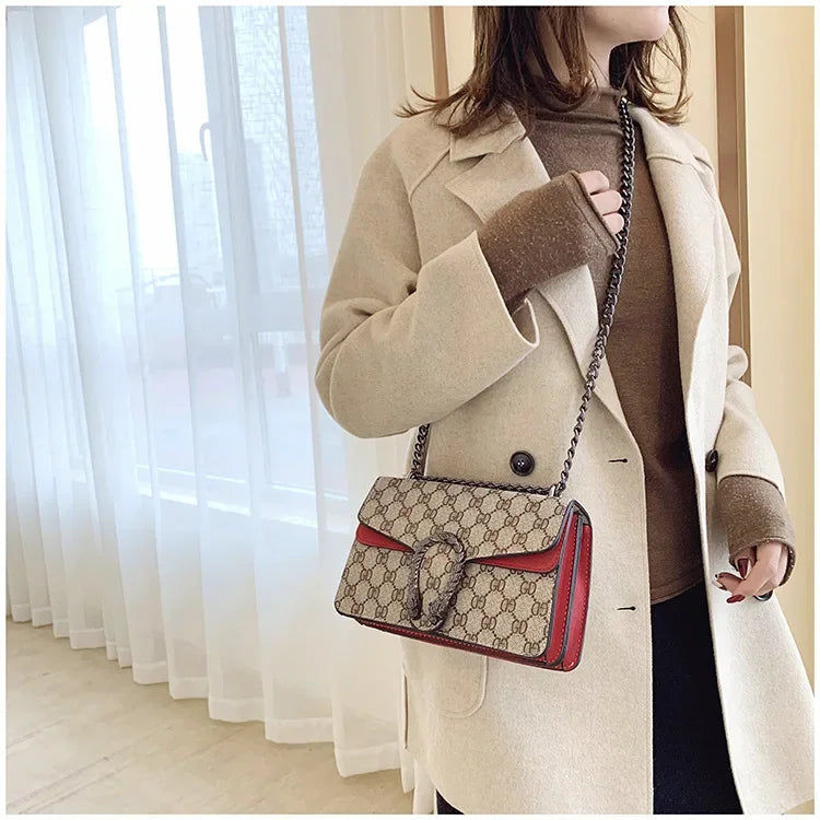 Fashionable Mini Printed Chain Women's Bag Crossbody Shoulder Bag Soft PU Leather Square Shape Bag with Phone Pocket
