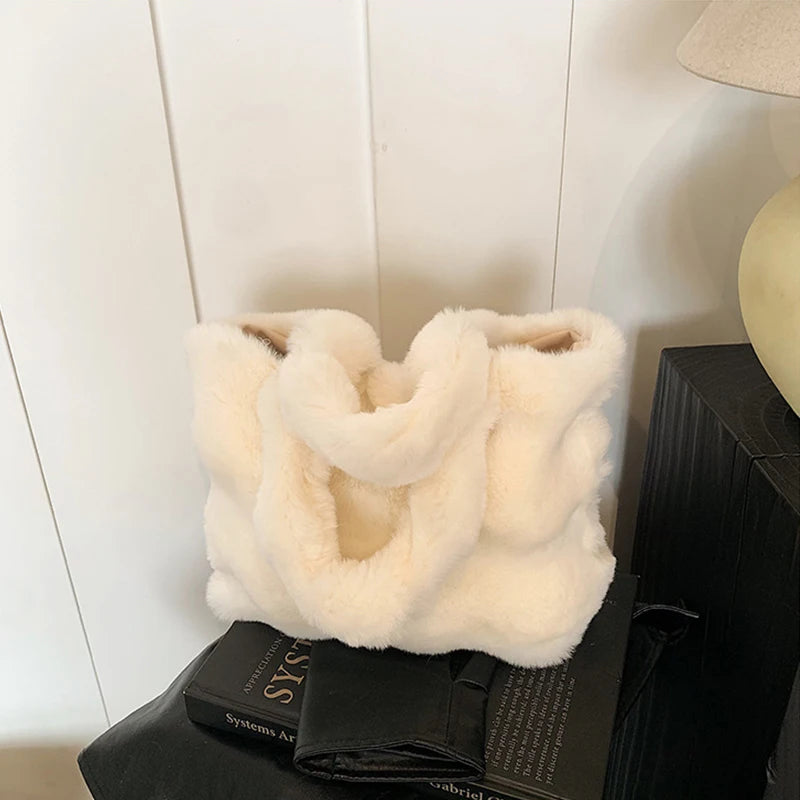 Women's Fluffy Plush Shoulder Bag Autumn Winter Top-Handle Solid Color Tote Versatile Commuter Handbag for Girls