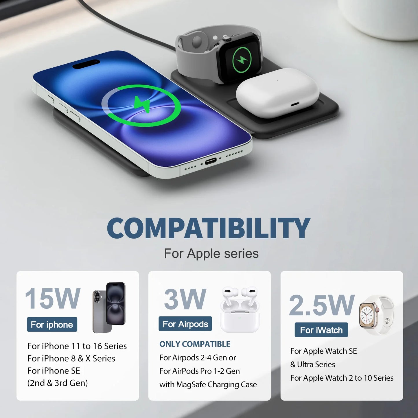 15W Magnetic 3 in 1 Wireless Charger Station Foldable Fast Charging  Type-C For iPhone 17 16 15 14 Xiaomi SAMSUNG iWatch AirPods