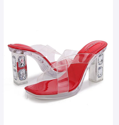 2025 Red High Heels 8cm Women Shoes Rhinestone Thick Heels Square Toe Ladies Pumps Cross Tie Straps Slippers Sandals Party Shoes