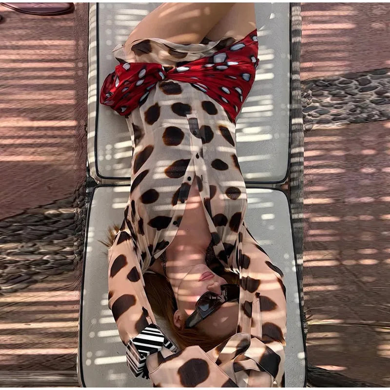 2026 Women Chic Vacation Outfits Fashion Leopard Print Sheer Chiffon Shirt Casual Turn-down Collar Mini Dress & Detachable Scarf