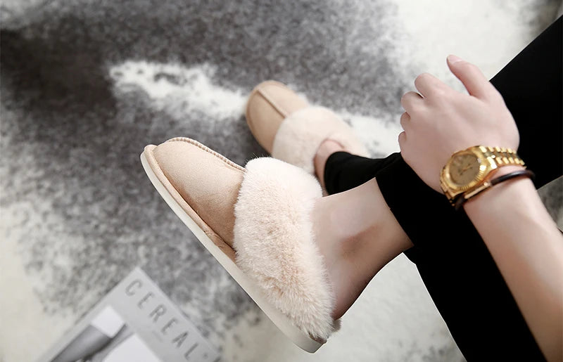 2025 Winter Warm Home Fur Slippers Women Luxury Faux Suede Plush Couple Cotton Shoes Indoor Bedroom Flat Heels Fluffy Slippers