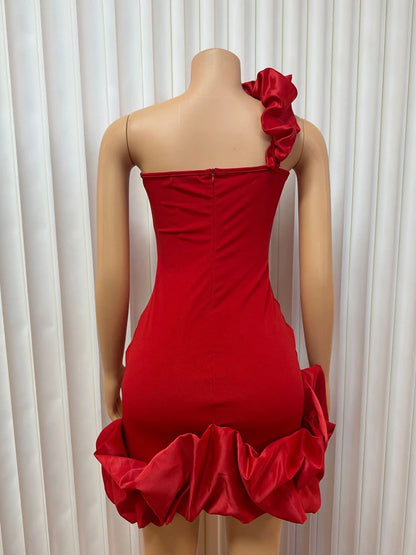 Womens Red Evening Dress Sexy One Shoulder Party Wear Strapless Red Dress Skinny Summer Ruffle Hem Dress Wholesale Dropshipping