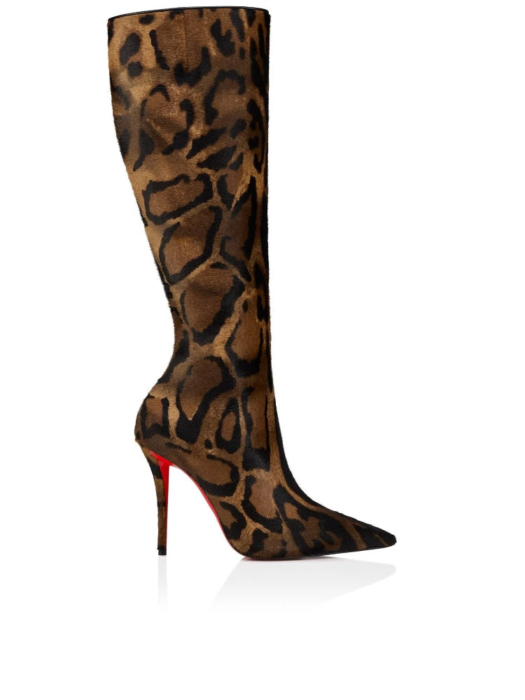 European andAmerican sexy suede leopardprint pointed stagewalking shoes,women's fashion slim high heels,side zipper banquetboots