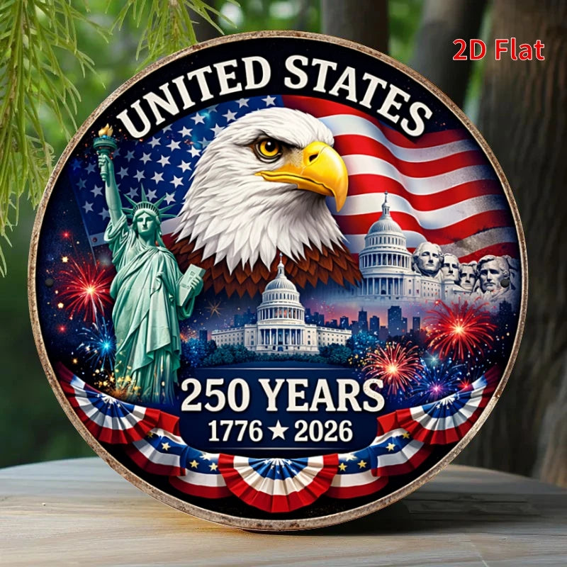 2D Flat - 1pc 19.99x19.99cm Round Aluminum Sign | USA 250 Years Anniversary Metal Art Sign, Patriotic Home Decor, 1776-2026 Amer