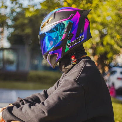 SOMAN Full Face Helmet Dual Lens Flip Up Motorcycle Helmets Casco Accessories Men Women Casque Moto Racing DOT Approved Visor