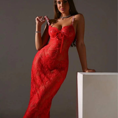 New Sexy Lace Mesh Transparent Embroidered Strap Dress Elegant Rose Red Long Dress V Neck 2025 New Fashion Tops QTZ9