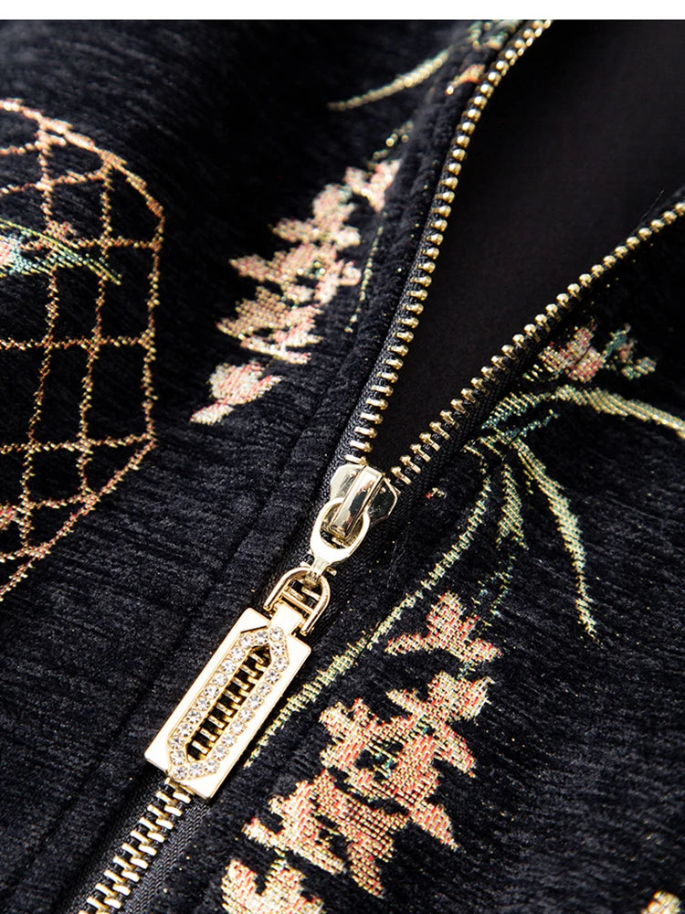 Luxury Beaded Black Jacquard Bomber Jacket Women Vintage Stand Collar Baseball Coat Elegant Embroidered Rhinestone Outerwear
