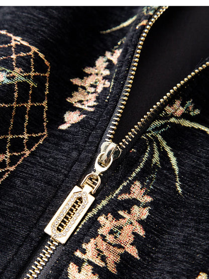 Luxury Beaded Black Jacquard Bomber Jacket Women Vintage Stand Collar Baseball Coat Elegant Embroidered Rhinestone Outerwear