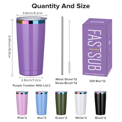 12 Pack 20 oz Stainless Steel Tumblers Bulk, Insulated Travel Cup with Lid,fit laser engraving,Car Cupholder(Assorted Colors)