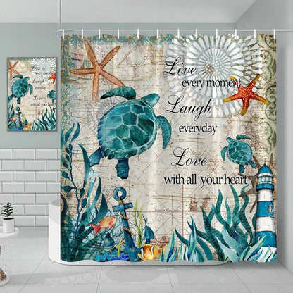 Nautical Green Sea Turtle Beach Theme Fabric Shower Curtain Set Bathroom Blue Ocean Decor with Grommets and Hooks