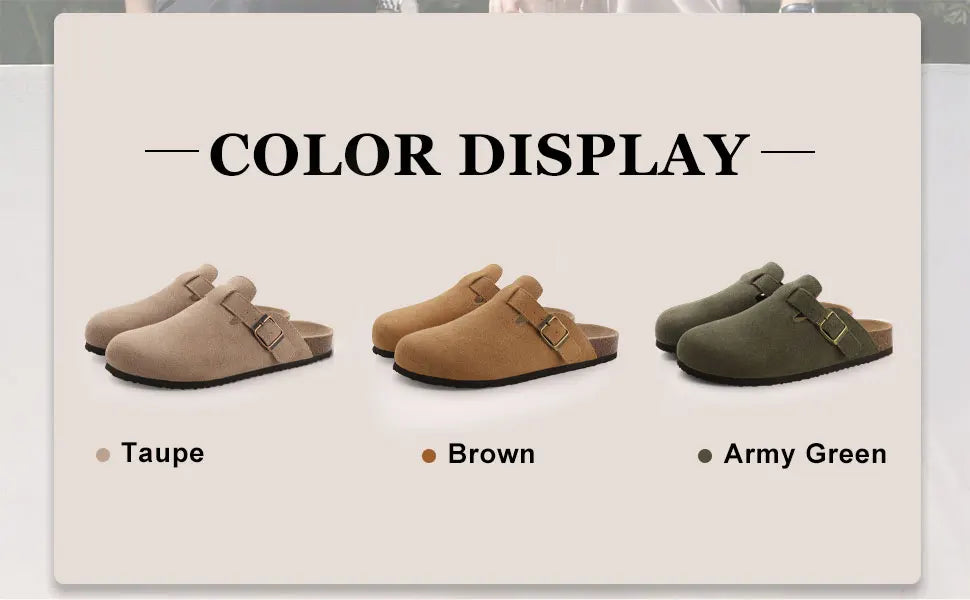 Crestar Women's Suede Clogs Lady Fashion Buckle Leather Mules Comfort Cork Footbed Potato Shoes with Arch Support Beach Sandal