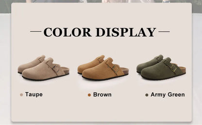Crestar Women's Suede Clogs Lady Fashion Buckle Leather Mules Comfort Cork Footbed Potato Shoes with Arch Support Beach Sandal