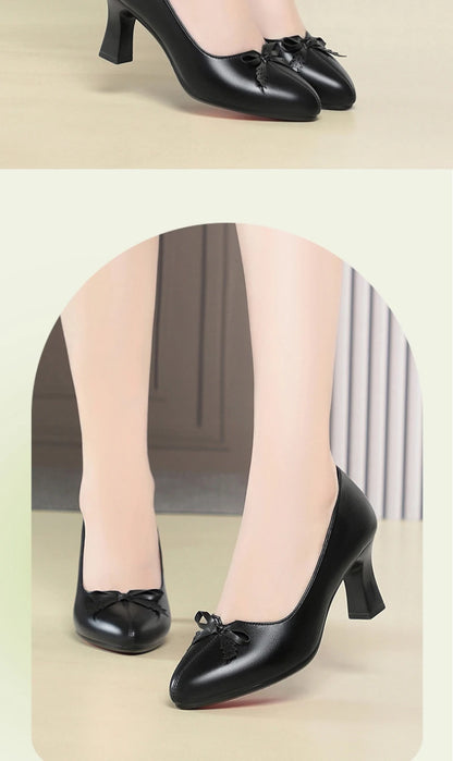 Womens Elegant Bow Decor Block Heel Pumps Smooth Faux Leather Upper Pointed Toe Design Comfort Cushioned Insole NonSlip Outsole