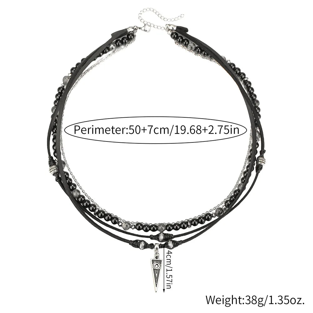 Retro Men Multilayer Leather Necklace Black Agate Beaded Necklace Bohemian Party Jewelry Accessories Gifts