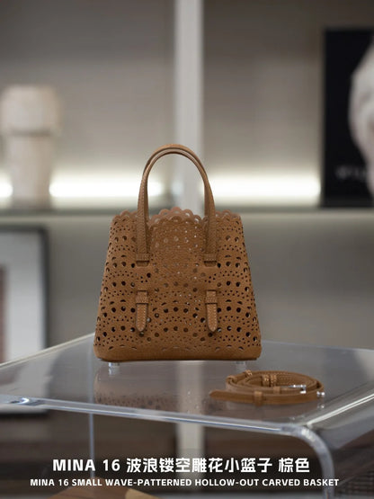 New Advanced Leather Tote Shopping Bag Wave Hollow out Basket Retro Suede Single Shoulder Slant Cross Mother Baby Bag