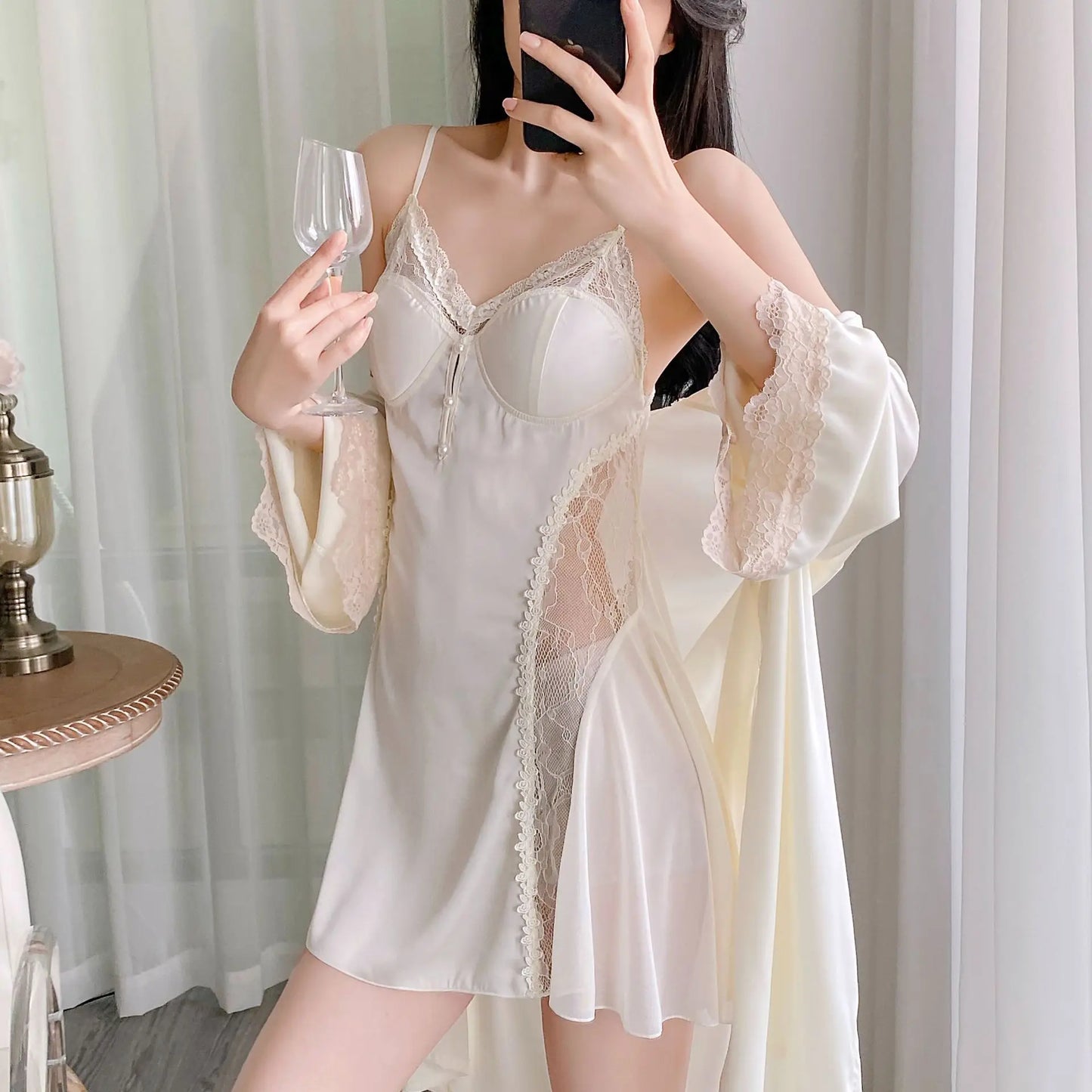 Twinset Lace Bathrobe Gown Set Women Robe Nightgown Lingerie Sleepwear Set Summer Kimono Silky Satin Nightsuits Dress Loungewear