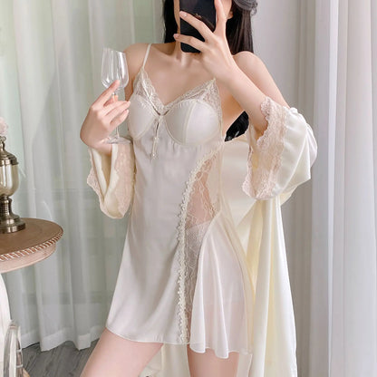 Twinset Lace Bathrobe Gown Set Women Robe Nightgown Lingerie Sleepwear Set Summer Kimono Silky Satin Nightsuits Dress Loungewear