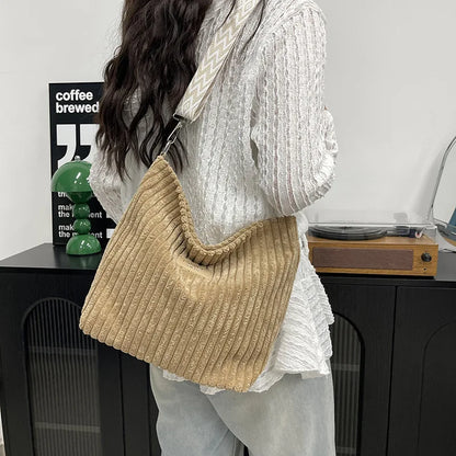 Solid Color Corduroy Messenger Bag Versatile Handbag Women Shoulder Crossbody Bags Casual Chic Bucket Women‘s Bag Bolsos Mujer