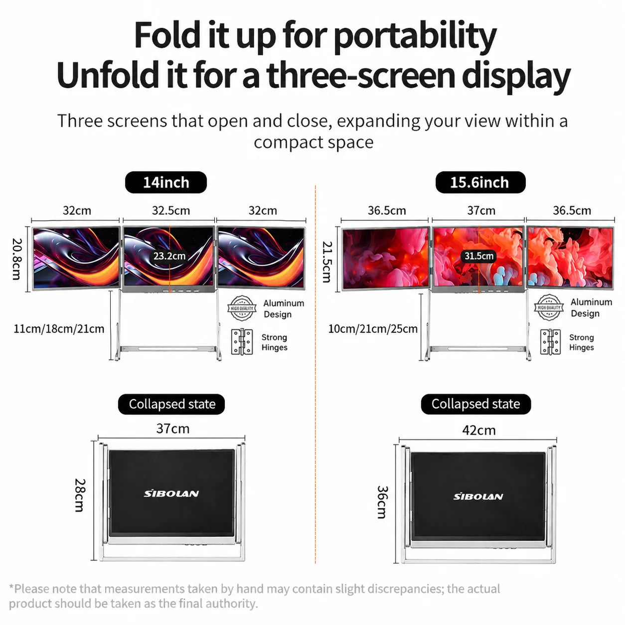 Sibolan 16" 2.5K Three Screen Portable Monitor 60Hz 100% sRGB Metal Body HDMI USB-C Plug Laptop Display Extender For Wins Mac OS