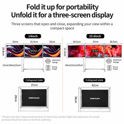 Sibolan 16" 2.5K Three Screen Portable Monitor 60Hz 100% sRGB Metal Body HDMI USB-C Plug Laptop Display Extender For Wins Mac OS