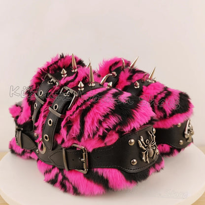 Rivets Slipper Furry Sandals Platform Round Toe Thick Bottom Spicy Girl Shoes Punk Rock Novelty Fashion Luxury Elegant Concise