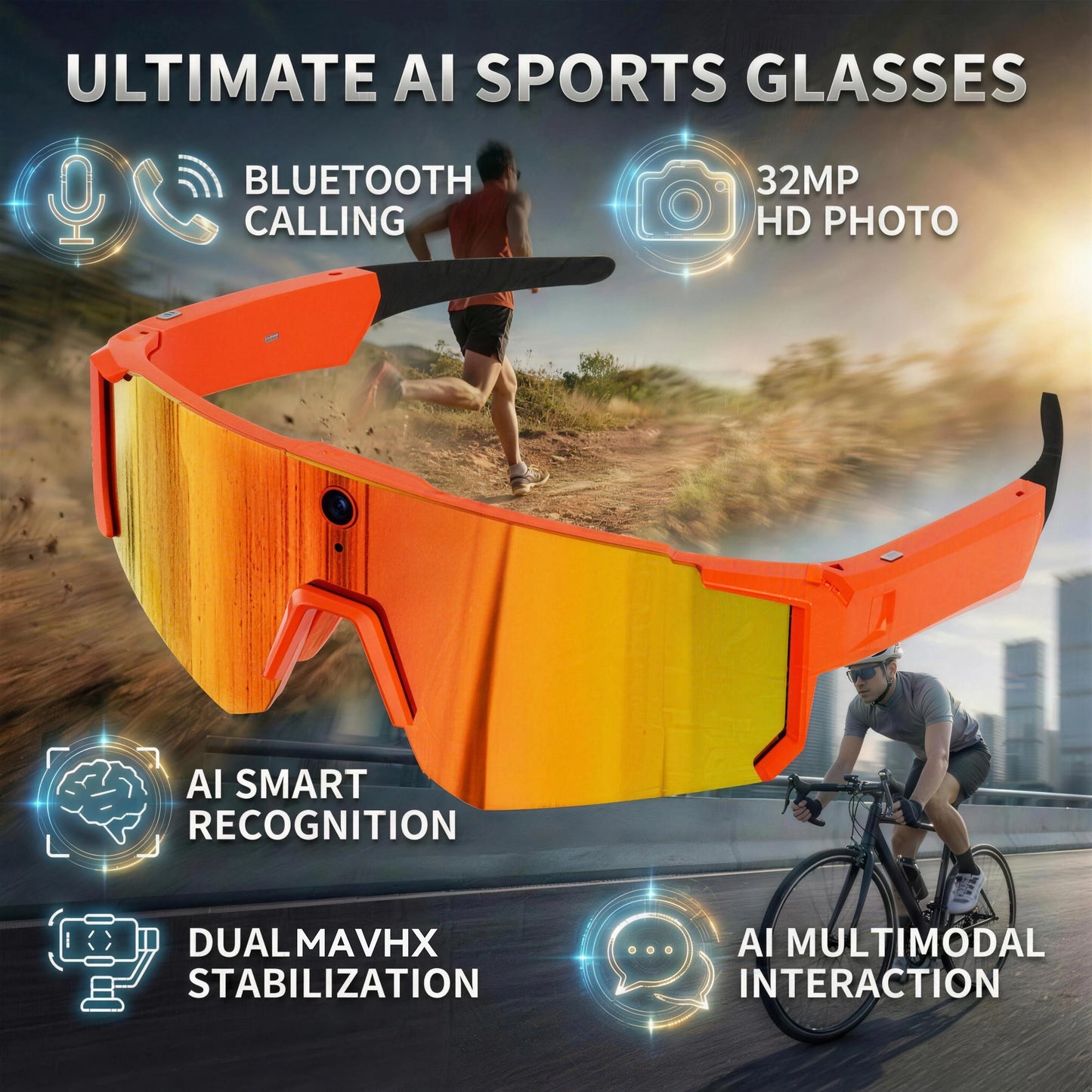 Smart Video Sunglasses 1200P 30fps Action Camera 32GB WiFi App Transfer Dual Anti-Shake AI Object Identify Fast Charge Glasses