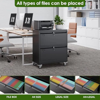 2 Drawer Lateral File Cabinet with Wheels Lockable Metal Filing Cabinet for Home Office Legal/Letter Size Black Required Assemb