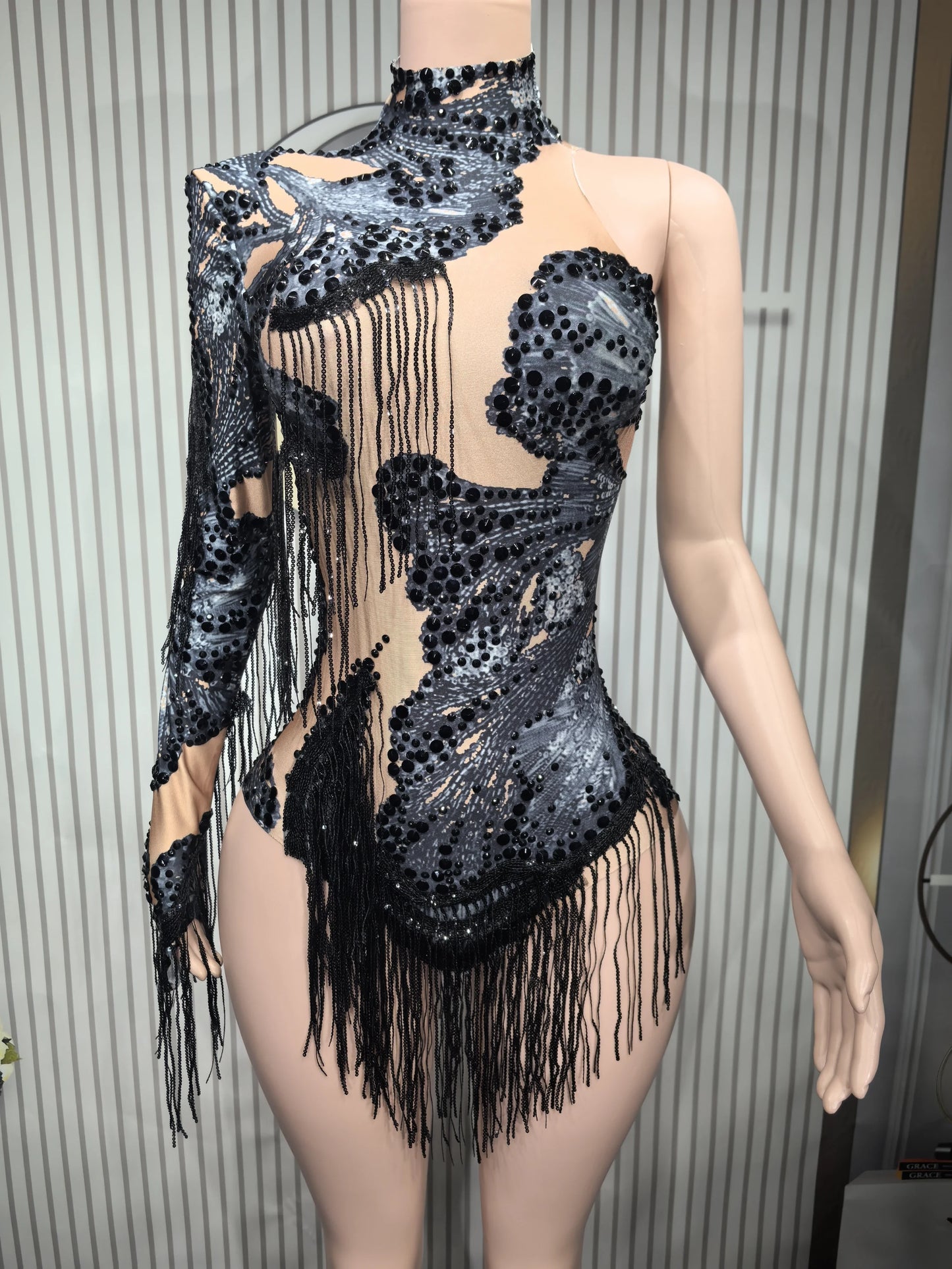 Rhinestones Women DanceCostume Fringes One Shoulder Bodysuit  Sexy Skinny Leotard Singer Dancer Show StageWear Sparkly Blue
