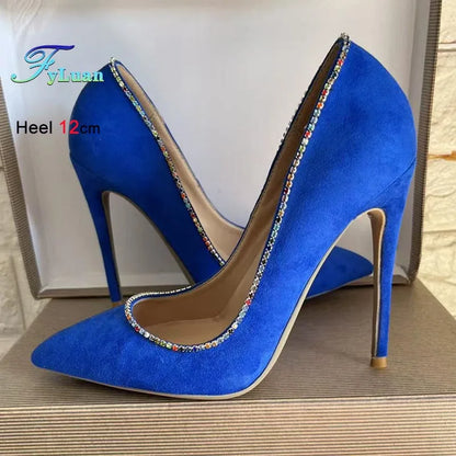 New Style Fashion Women Pumps Blues Suede Rhinestone Shallow Mouth High Heels Single Shoes Pointy Toe Stiletto Party Lady Shoes