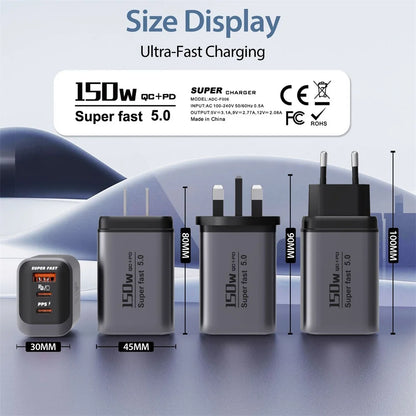 USB Type C 150W Charger USB QC3.0 Fast Charging Mobile Phone Charger Travel Adapter For iPhone 17 Samsung Xiaomi EU/UK/US Plug