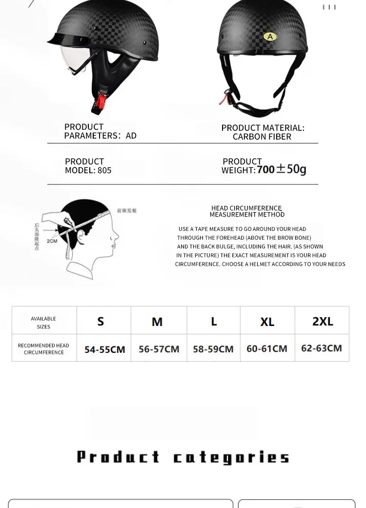    Best Seller Carbon Fiber Retro Motorcycle Half Face Helmet with Comfortable Lining Protective Goggles Helmet Factory Wholesale