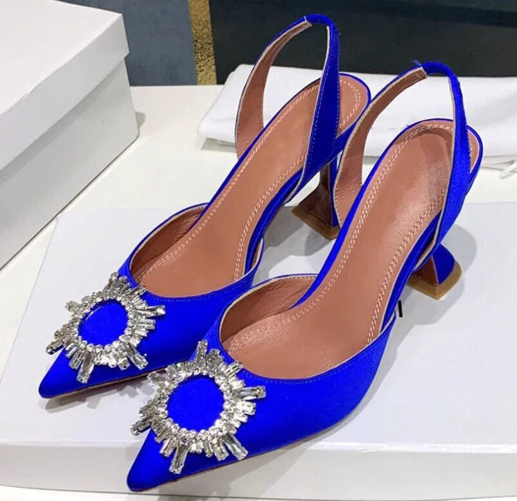 Brand Women Pumps Luxury Crystal Slingback High Heels Summer Bride Shoes Comfortable Triangle Heeled Party Wedding Shoes