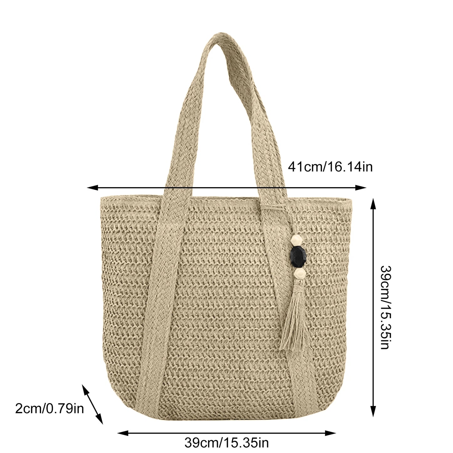 Women Hand Woven Tote Bag Solid Color Large Capacity Square Handbag Straw Shoulder Bag with Tassel Pendant