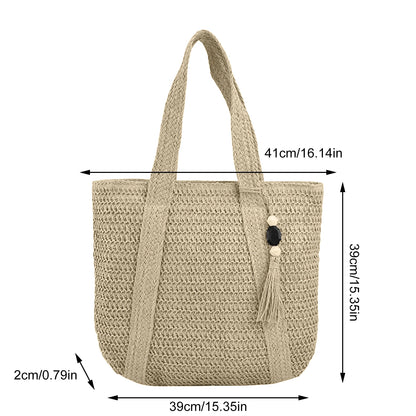 Women Hand Woven Tote Bag Solid Color Large Capacity Square Handbag Straw Shoulder Bag with Tassel Pendant