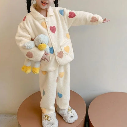 Flannel Girls Pajamas Sets Winter Children's Coral Fleece Sleepwear Cartoon Teenager Loungewear Set Thicken Kids Pyjamas Clothes