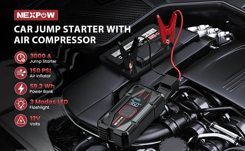 NEXPOW 3000A Car Jump Starter & Air Compressor - 12V 59.2Wh Portable Battery Booster with PD 30W Fast Charge, 150PSI Air Pump, S