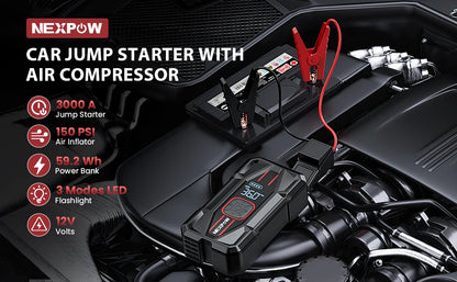 NEXPOW 3000A Car Jump Starter & Air Compressor - 12V 59.2Wh Portable Battery Booster with PD 30W Fast Charge, 150PSI Air Pump, S