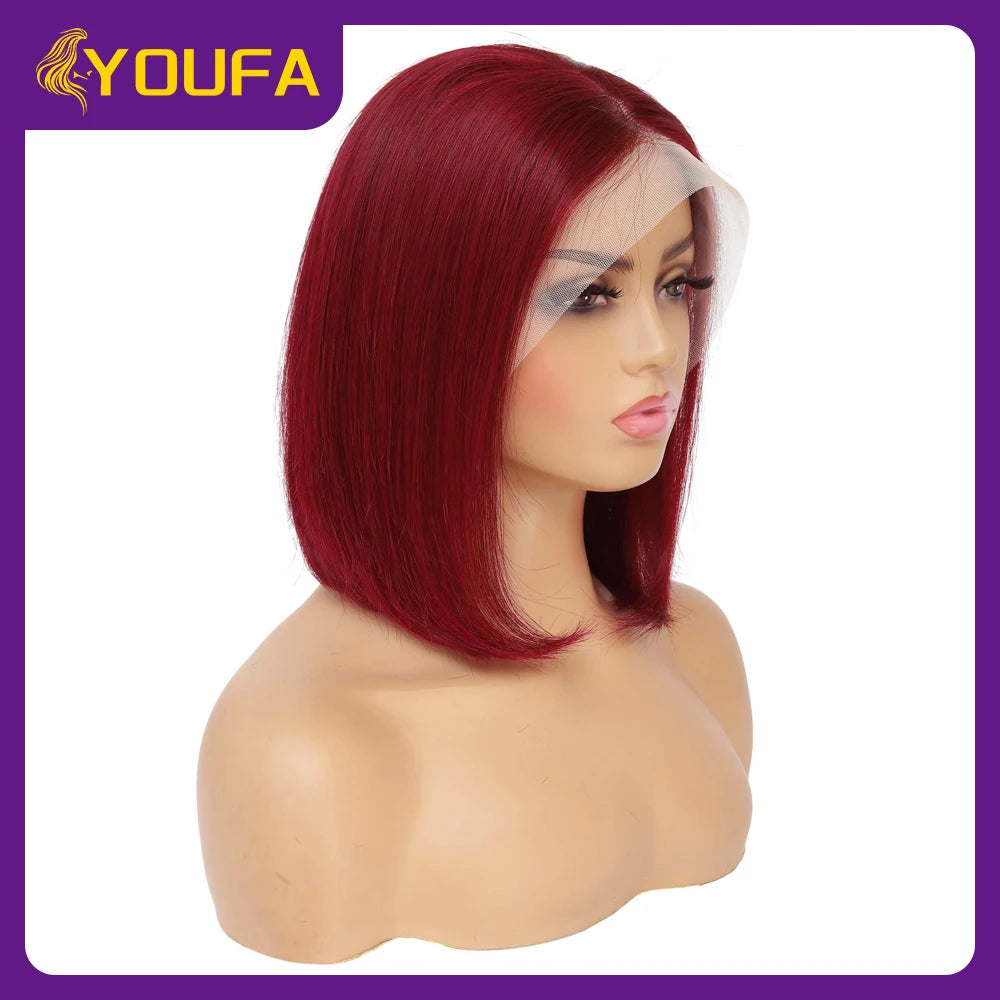 Burgundy 13x4 Lace Front Wigs With Bangs New Style 100% Brazilian Straight Human Hair Wigs Transparent Lace Frontal Bang Wigs