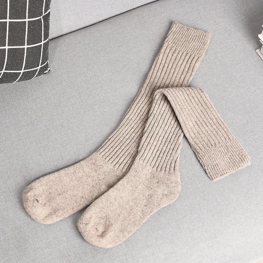 Soft Wool Long Socks Women Autumn Winter Cashmere Solid Knitted Stocking Skinny Casual Knee High Fluffy Warm Thicken Girls Socks