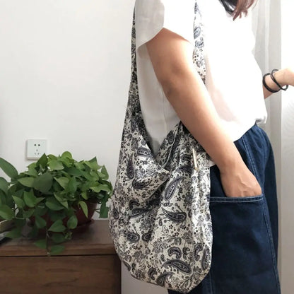 Portable Cotton Shopping Bag Bandanna Print Open Pocket Handbags Reusable High-capacity Books Bag Travel