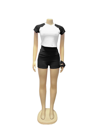 Leosoxs Sporty Patchwork 3 Piece Set Women Casual Summer Headband+Crop Top+High Waist Bike Shorts Street Matching Tracksuit