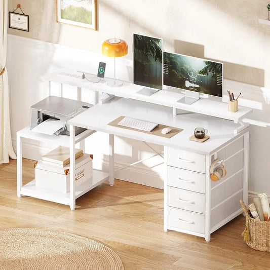 55 Inch Computer Desk with 4 Drawers, Office Desk with Power Outlets, Printer Shelf & Storage Shelves, Large, Customized