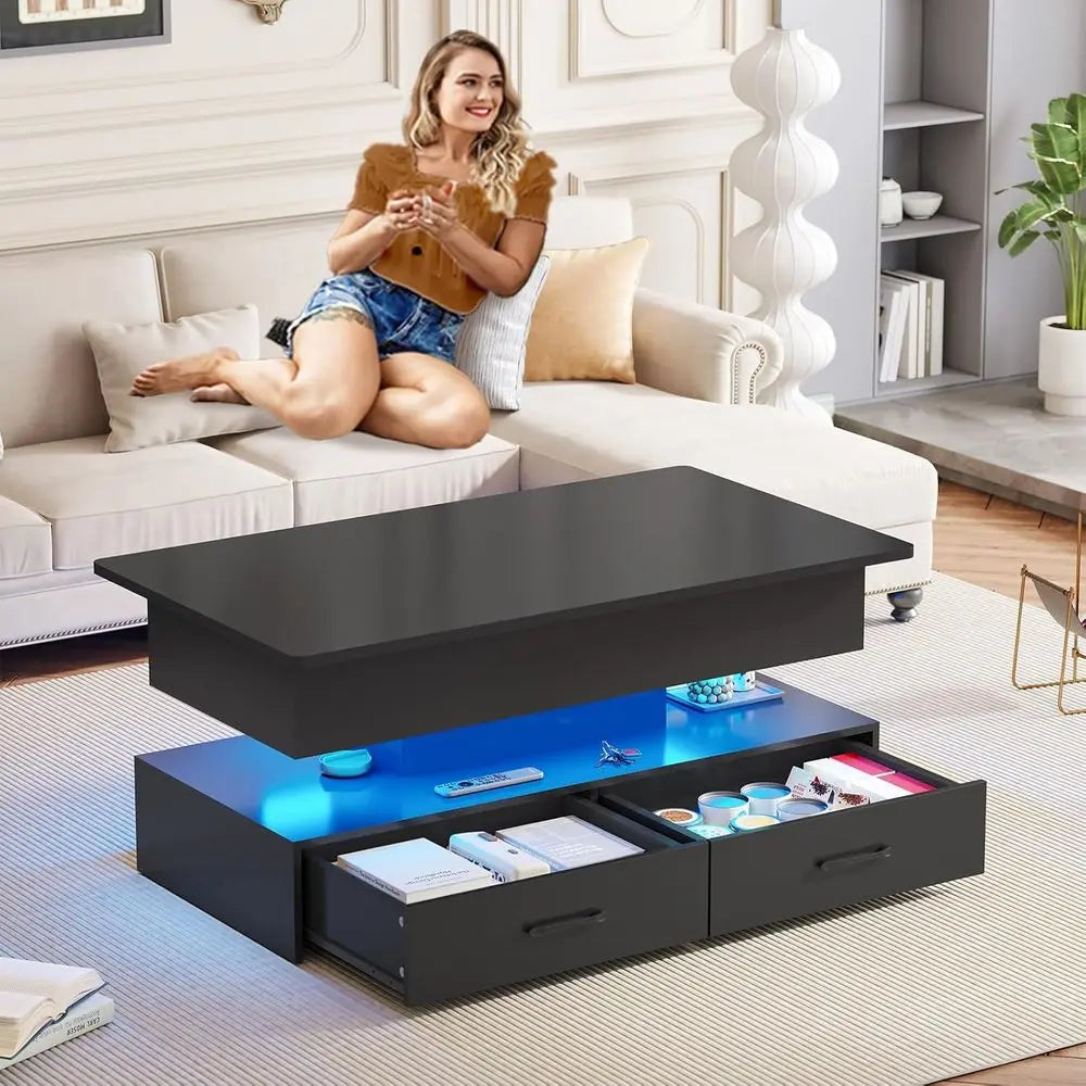 40in LED-Illuminated Coffee Table with Storage for Living Room, Compact with 2 Drawers, Black