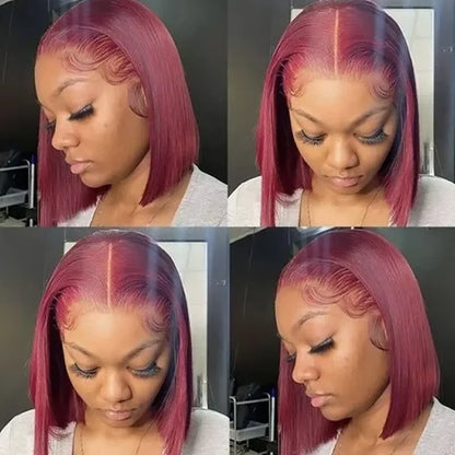 220% Straight Short Bob Human Hair Wig 13x4 Bone Straight Lace Frontal Wigs Burgundy 99J Lace Front Wig For Women 12 14 Inch