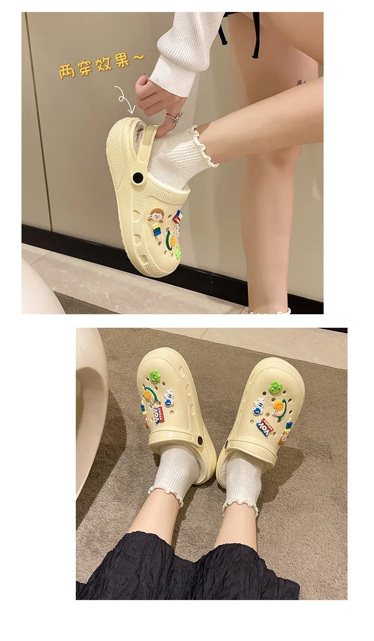 Winter Women Slippers Platform Clogs Warm Furry Slippers Fur Indoor Home Cotton Shoes Female Fluffy Slides Plush Slippers