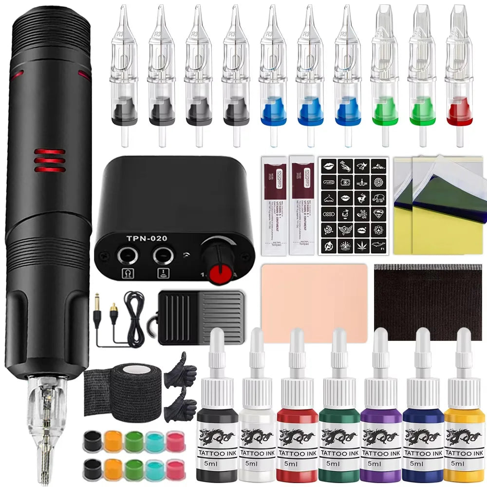 Complete Tattoo Pen Machine Kit Cartridge Tattoo Machine with Power Supply Pedal Set for Tattoo Beginners Artists Kit Supply