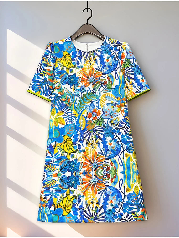2026 Printed Beaded Dress Women Short Sleeve O Neck a Line Dress Elegant Fashion Summer Ladies Casual Party Midi Dress