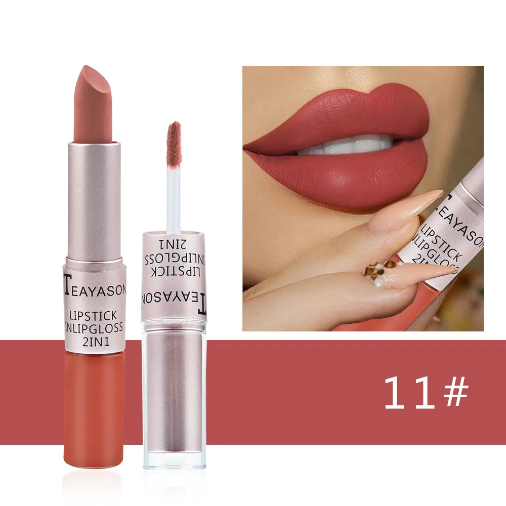 1Pc Long Lasting Velvet Matte Lipstick Double Head Lip Gloss Non-stick Cup Lip Gloss Waterproof 2 in 1 Matte Red Lipstick Makeup