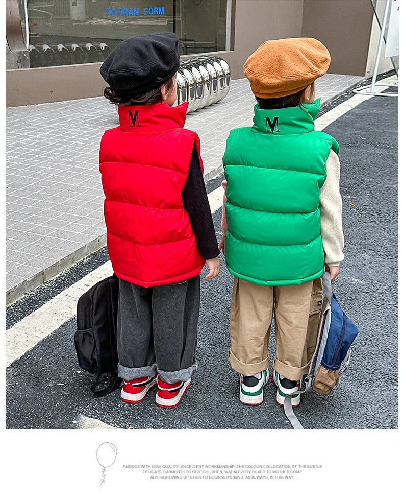 3-14 Years Winter Boys Girls Vest Fashion Letter High Neck Design Thick Keep Warm Waistcoat For Kids Children Down Coat